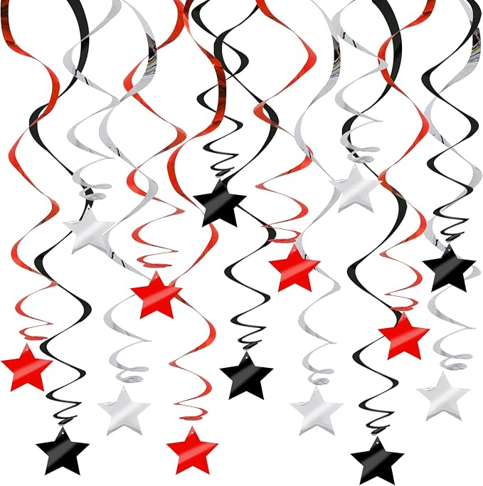 BEISHID Black Red Silver Stars Hanging Swirls Pre-Strung Stars Hanging by Beishida