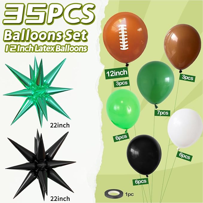 Football Balloons, 12 Inch Green Brown Football Party Balloon - Image 2