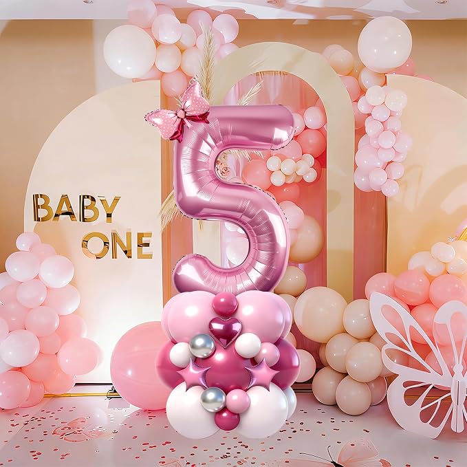 40 Inch Pink Number 5 Balloon Tower Set, Pastel Number Five Foil Balloon - Image 6