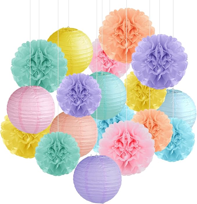 Pastel Paper Lanterns and Pom Poms Flowers Paper Lanterns Party Decorations | by Yymobt