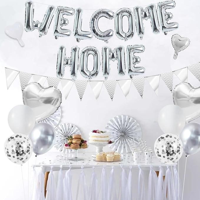 TONIFUL 16 Inch Silver Welcome Home Foil Letter Balloon Banner Decor Kit | - Image 3