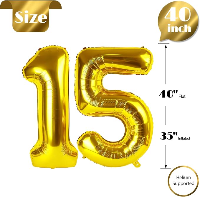 Gold Number 15 Balloon 40 Inch, 15th Birthday Party Decorations Men Women | - Image 6