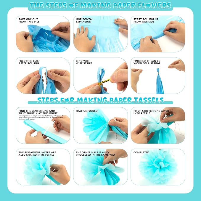 Blue Tissue Paper Tassel Garland 15 Pcs & Tissue Paper Pom Poms 6 Pcs Set - Image 6