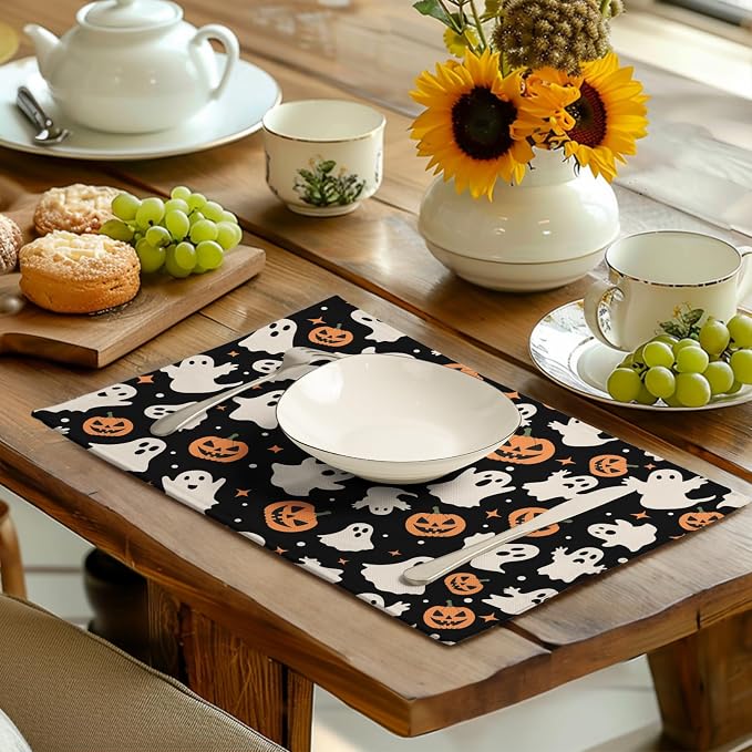 Halloween Placemats Set of 4 12x18 Inch Cute Ghost Pumpkin Table Mats Orange - Image 6