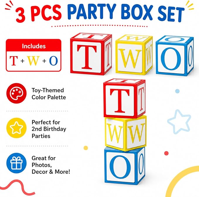 3 Pcs 2nd Birthday Balloon Box, Blocks Theme Party Decorations | 11.8 x 11.8 in - Image 3