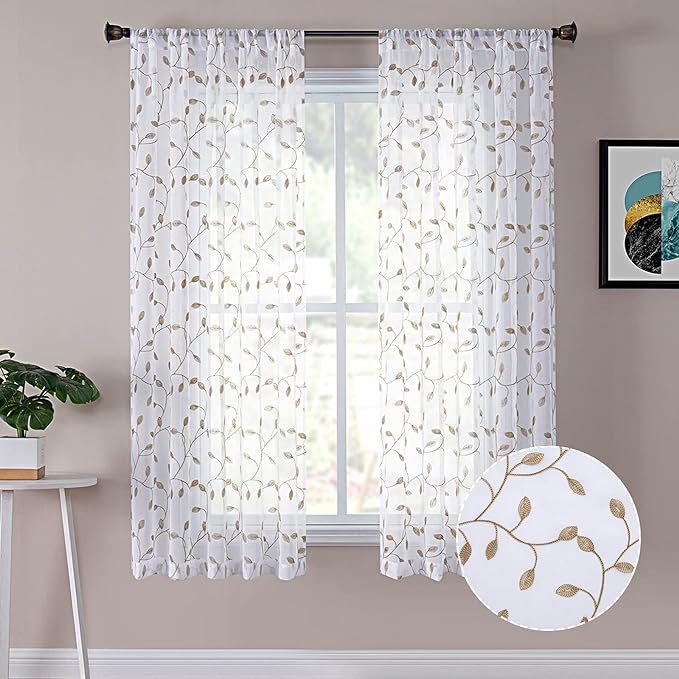 Tollpiz Leaves Sheer Curtains Taupe Leaf Embroidery Bedroom Curtain Rod Pocket by Tollpiz