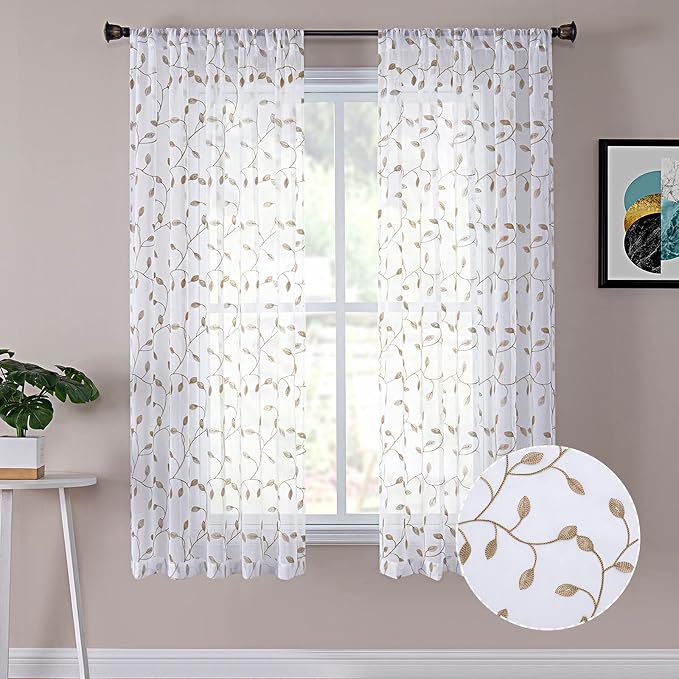 Tollpiz Leaves Short Sheer Curtain Taupe Leaf Embroidery Bedroom Curtains Rod by Tollpiz