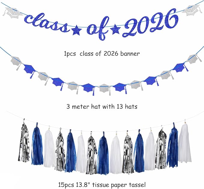 Navy-Blue White Silver Graduation Party-Decorations Garland - Image 2