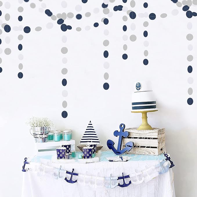 Navy Blue White Silver Paper Garland, 52Ft Gender Reveal Hanging Decoration - Image 2
