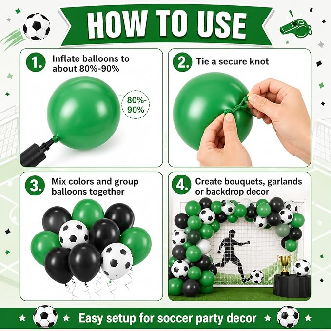Football Balloons, 12 Inch Green Black White Latex Soccer Printed Balloons - Image 4