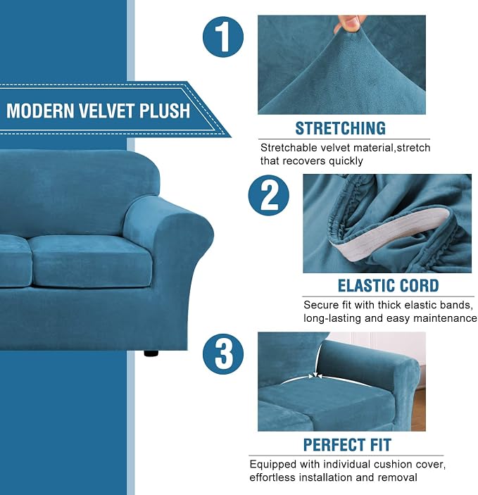 H.VERSAILTEX Modern Velvet Plush 4 Piece High Stretch Sofa Slipcover Sofa Cover - Image 3