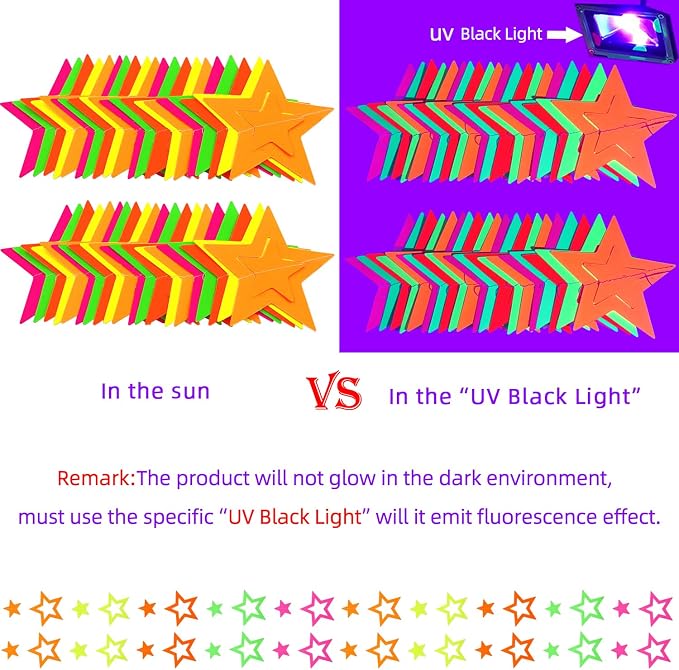 WELITTCON 102feet Neon Paper Garland Streamers Hollowed Star Black Light - Image 2