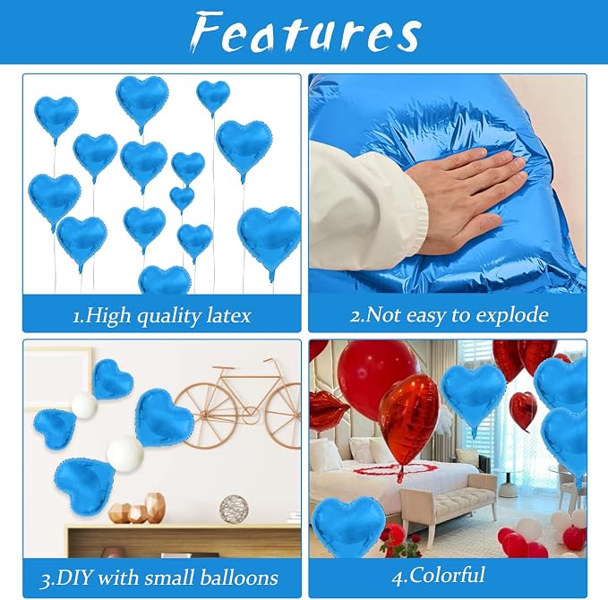 Blue Foil Heart Balloons, Boys Men, Baby Shower, Valentines, Anniversary - Image 4