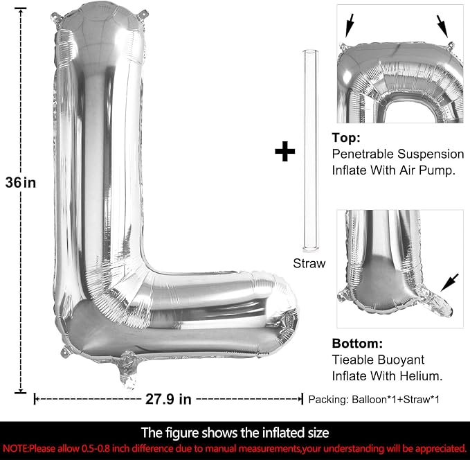 Lovoir 40 Inch Large Silver Letter L Balloons Big Size Jumbo Mylar Foil Helium - Image 2