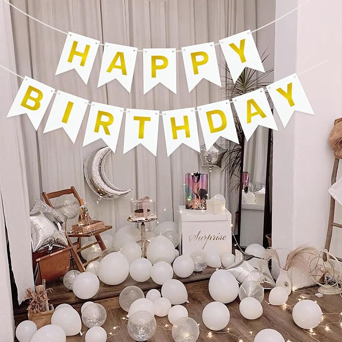 White and Gold Happy Birthday Banner Sign - Image 6
