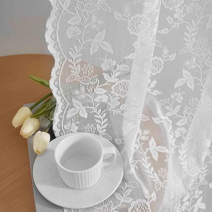 FINECITY White Lace Curtains for Bedroom Rustic Floral 52x90 Inch, 2 Panels | by FINECITY