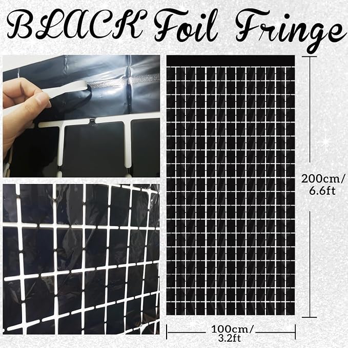 GOER Black Party Backdrop Metallic Tinsel Foil Fringe Curtains Photo Booth Props - Image 2