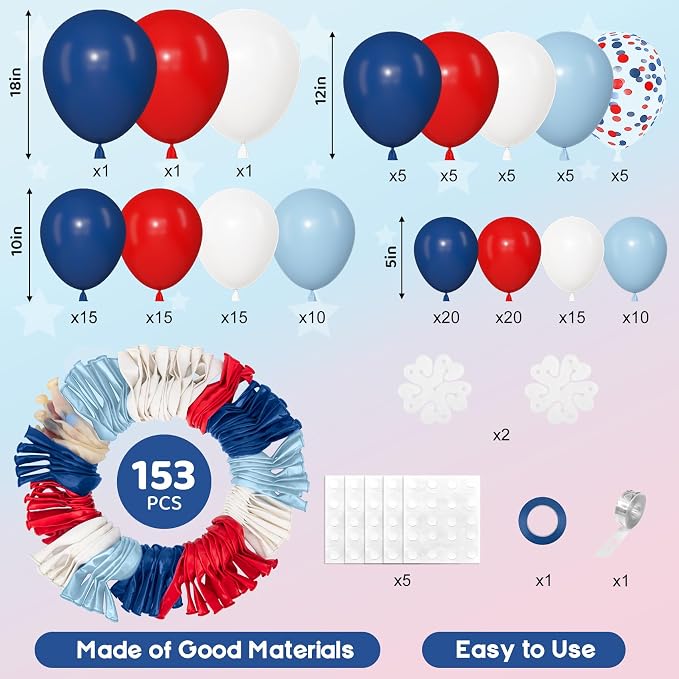 Amandir 153pcs Red White and Blue Balloons Arch Garland Kit, Different Sizes 18 - Image 2