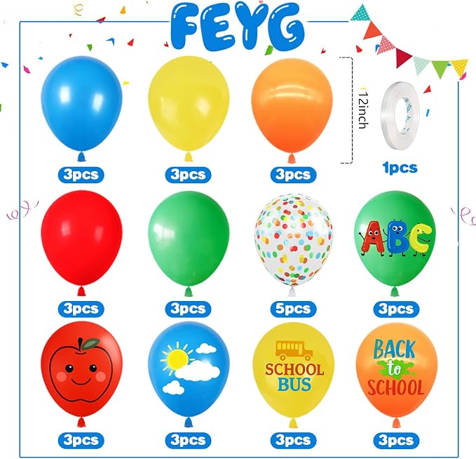 Back to School Balloons, 12 Inch Rainbow School Bus Apple ABC Printed Balloon - Image 2