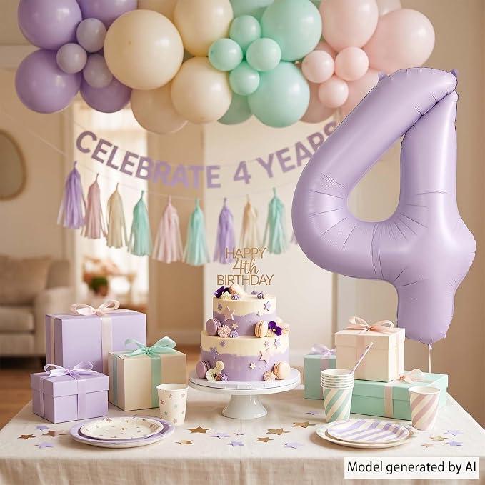 Cream Purple Number 4 Balloon 40 Inch, Foil Numeral - Image 7