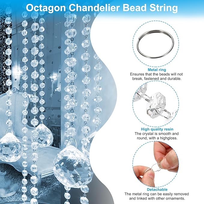 PATIKIL 14 mm Crystal Garland Strands, 32.8 Ft Acrylic Octagon Chandelier Bead Chains String for DIY Craft Wedding Party Home Decorative Jewelry Making, Clear