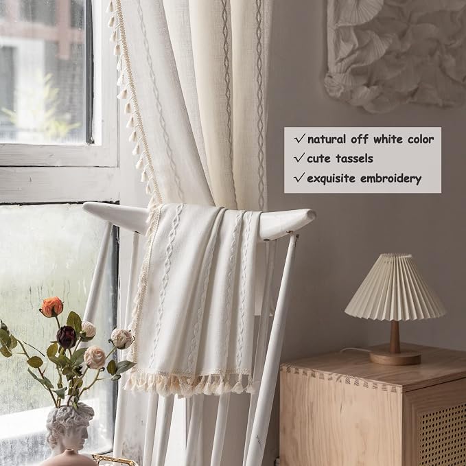 Boho Curtains - Embroidery Linen and Cotton 63 Inch Length 2 Pannels - Image 5