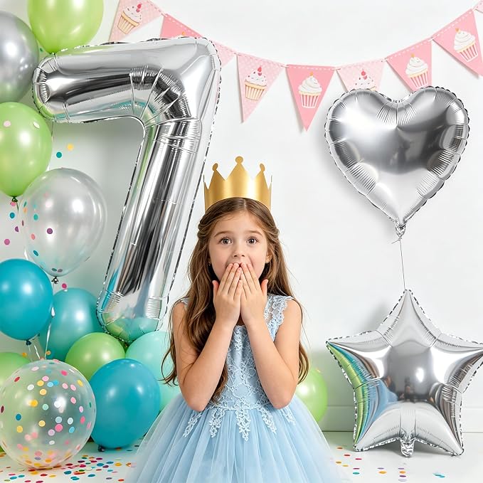 TONIFUL 7th Birthday Balloons Kit 40Inch Silver Large Number 7 Foil Balloon | - Image 3