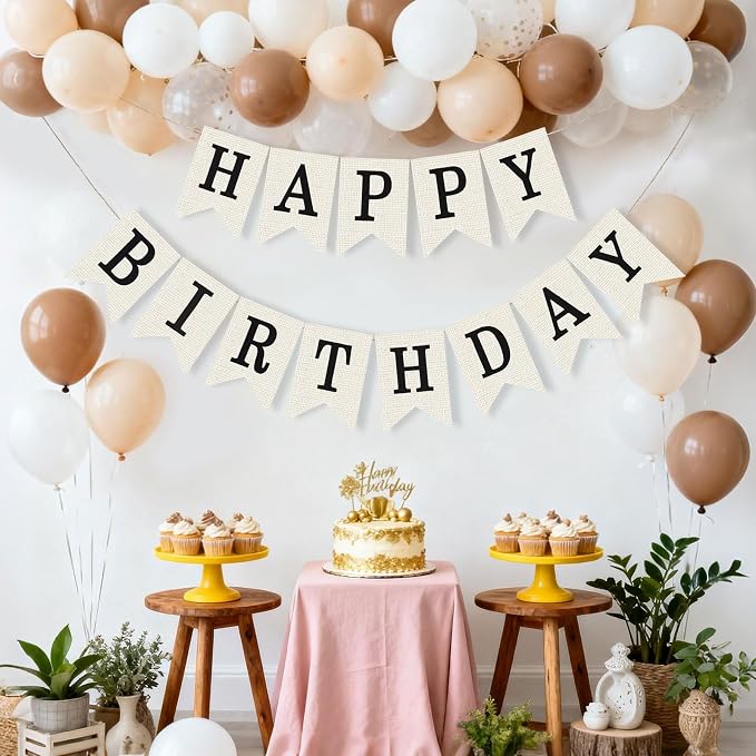 White Burlap Happy Birthday Banner Sign Birthday Garland Wall Door Hanging - Image 2