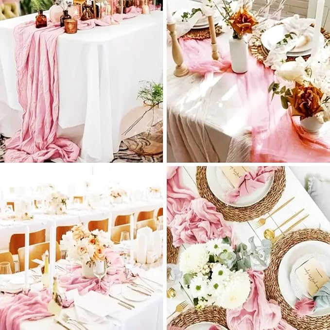10 Pack Pink Cheesecloth Table Runner -21*120Inch Long Boho Wedding Table Decor, Rustic Gauze Fabric Runner for Bridal Showers, Baby Showers & Parties (Sheer, Lightweight, Wrinkled Design)