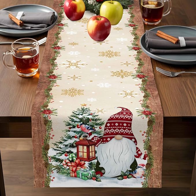 Christmas Gnomes Cotton Linen Table Runner for Dining Kitchen, Xmas Pine Tree Snowflake Rustic Wedding Outdoor Party Tablerunners Decoration, Retro Wood Dresser Scarf Tablecloth Runners 13x36 Inches