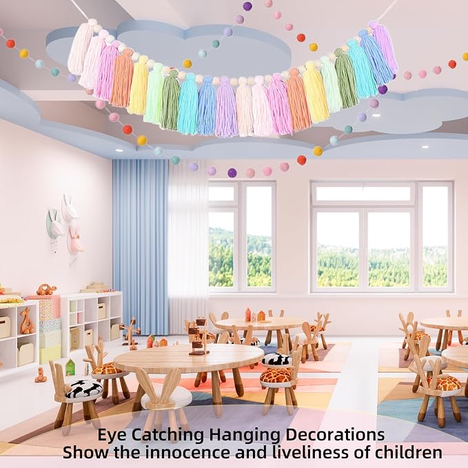2 PCS Rainbow Boho Tassel Garland, 6.5 Feet Pom Pom Tassel 20 Felt Balls - Image 7