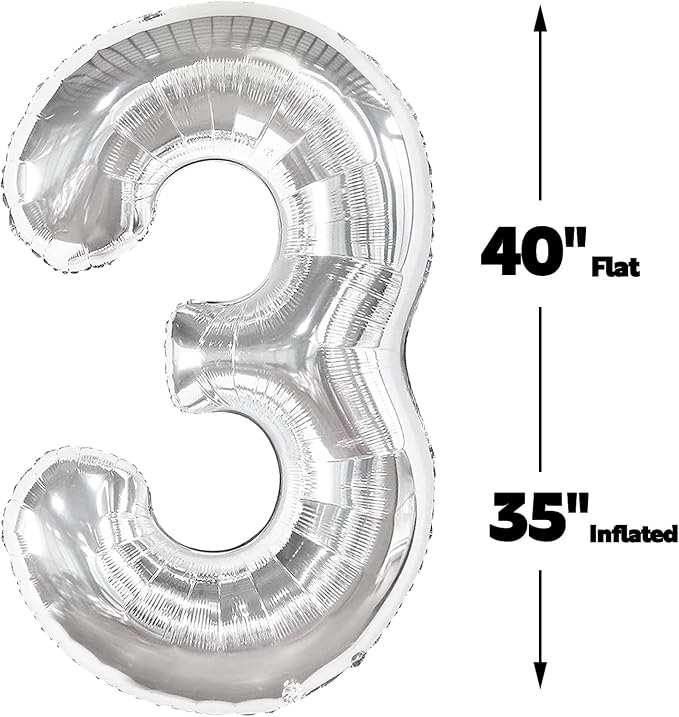 Silver Number 3 Balloon 40 inch, Balloon numbers party supplies, deco photo - Image 2