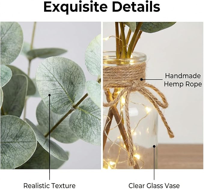 Bessol Artificial Eucalyptus Stems in Glass Vase - Image 2