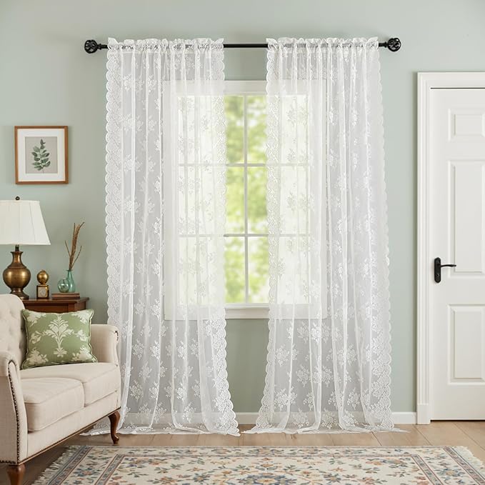 Kotile Ivory Lace Curtains for Bedroom Rustic Floral 52x94 Inch, 2 Panels | Rod - Image 4
