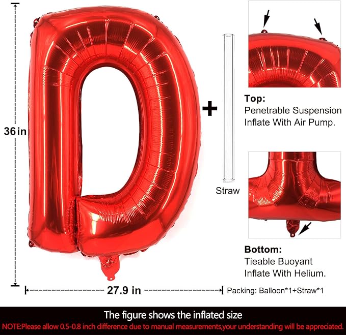 Lovoir 40 Inch Large Red Letter D Balloons Big Size Jumbo Mylar Foil Helium - Image 2