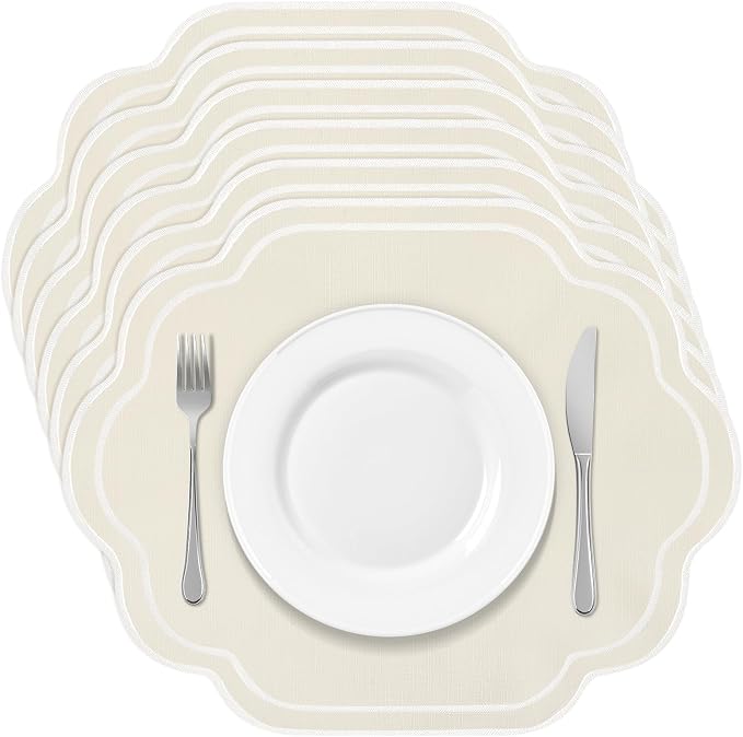 6 Pcs Beige Wedding Placemats Scalloped Embroidered Cotton Linen Placemats 17" by Breling