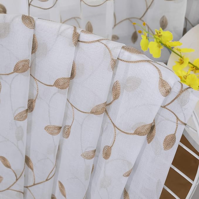 Tollpiz Leaves Short Sheer Tier Curtains Taupe Leaf Embroidery Kitchen Half - Image 7