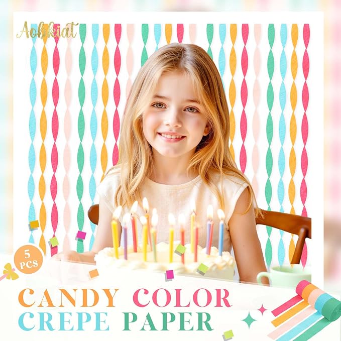 AOBKIAT 5 Rolls Rainbow Streamers Crepe Paper, Candyland Party Decorations | - Image 9