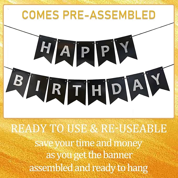 Black Happy Birthday Banner, Pre-Strung Black and Silver Birthday Party - Image 3