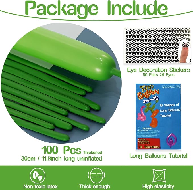 260 Balloons Green, Thickened 100 Pack Long Balloons Twisting Skinny Magic - Image 2