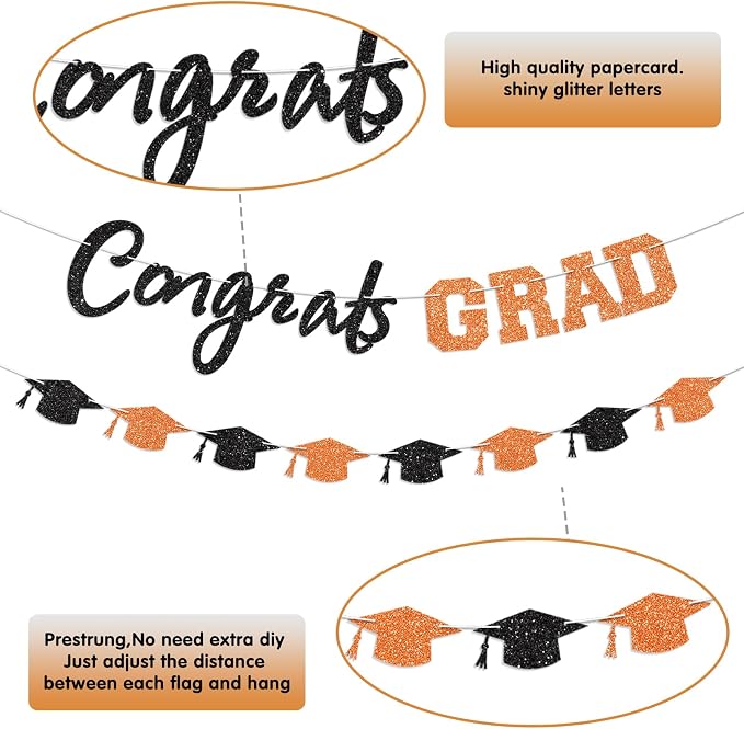 Prestrung Congrats Grad Banner Orange and Black Graduation Banner - Image 3