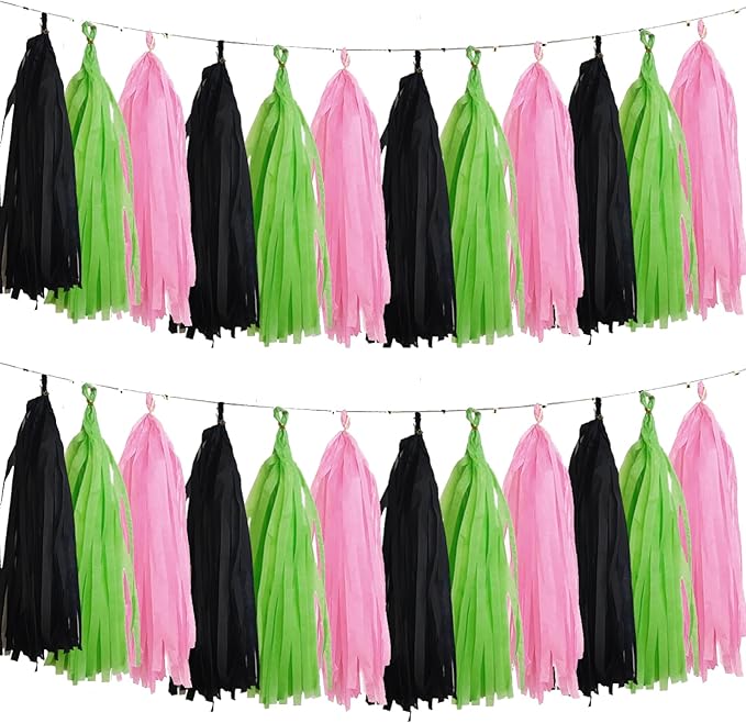 Black Pink and Green Tissue Paper Tassels Party Tassel Garland Banner by We+Moment