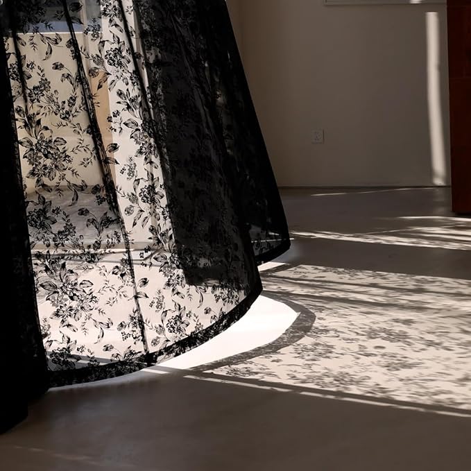 Black Lace Curtains for Living-Room 84 inch Length, Fine Rose and Leaf - Image 9