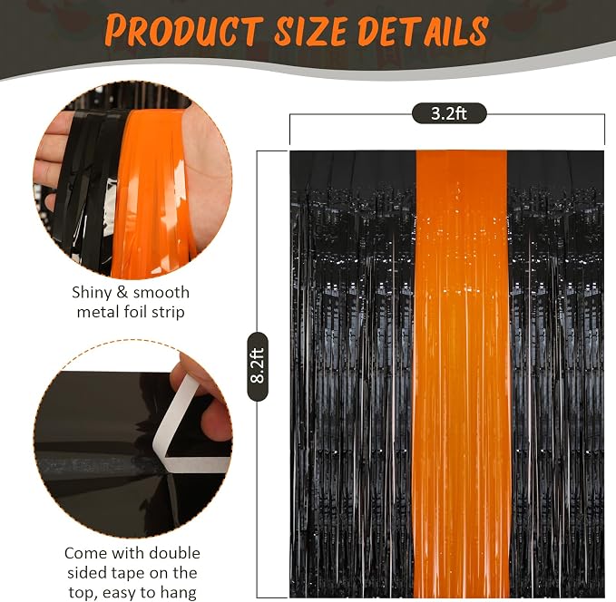 PIGETALE 2 Pack Black and Orange Tinsel Foil Fringe Curtain, 3.2Ftx8.2Ft - Image 3