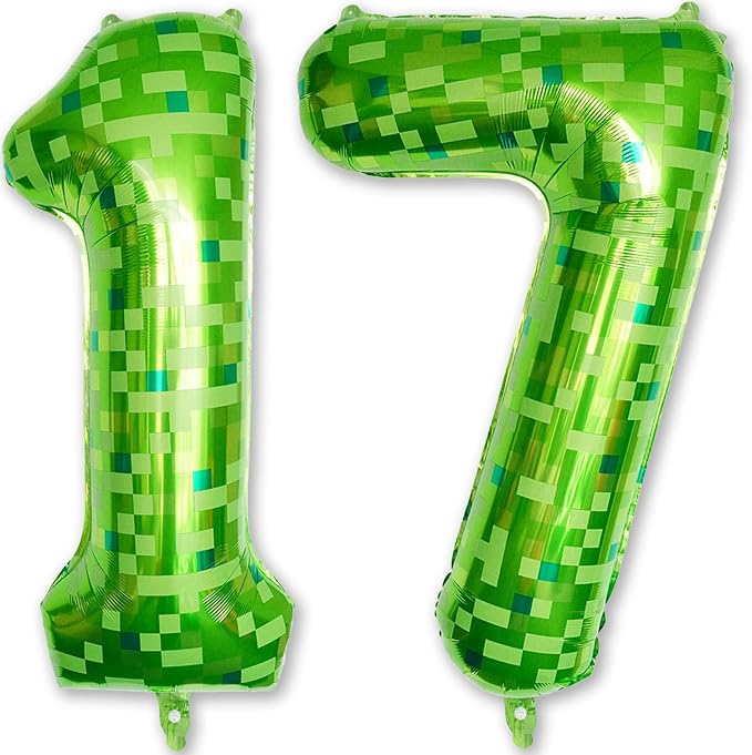 17th Birthday Balloons for Boys, Large Lime Green Pixel Number 17 Balloon by Froova