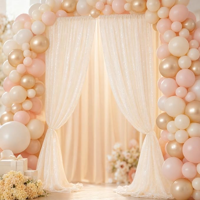 ShinyBeauty Ivory Sequin Backdrop 2 Panels 4x7ft Wedding Party Photo Booth | - Image 2