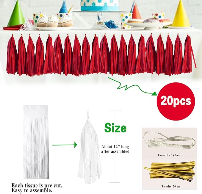 Red Tassel Garland 20 Pcs, Tissue Paper Tassels Garland Banner - Image 2