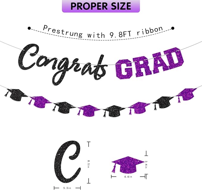 Prestrung Congrats Grad Banner Purple and Black Graduation Banner - Image 4