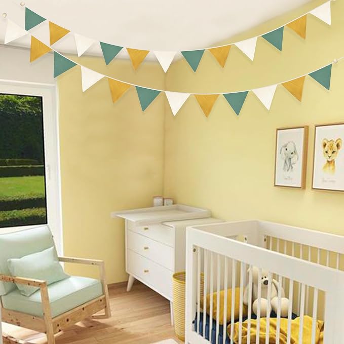 2 Sets of Yellow Green Nursery Garland Fabric Baby Banner 24Pcs Linen Triangle - Image 6