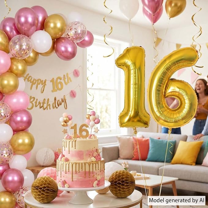 Gold Number 16 Balloon 40 Inch, Shiny Foil Decor - Image 2